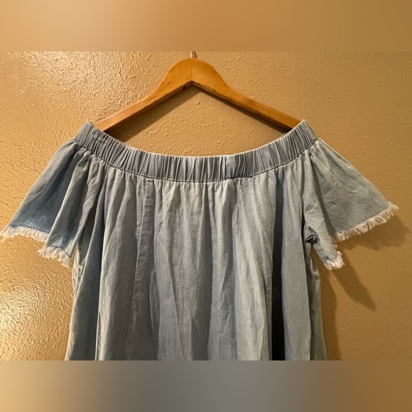 Soft denim off shoulders babydoll dress, fringed sleeves, fringed bottom. Size M - Picture 2 of 5